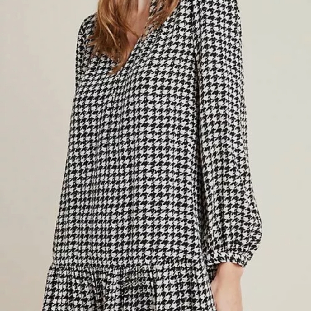 ANTHROPOLOGIE MAEVE STERLING HOUNDSTOOTH BALLOON SLEEVE DROP WAIST DRESS M - Picture 2 of 4